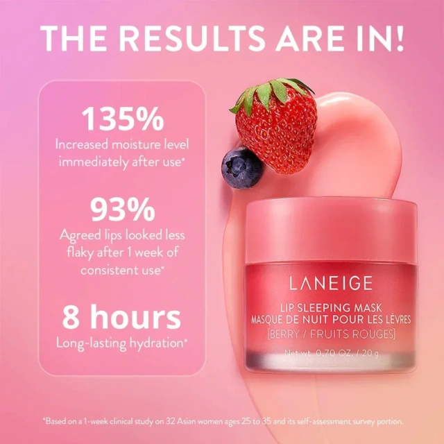 نمای بسته‌بندی و جزئیات ماسک لب شب توت فرنگی لانیژ Laneige Lip Sleeping Mask EX Berry 20g
