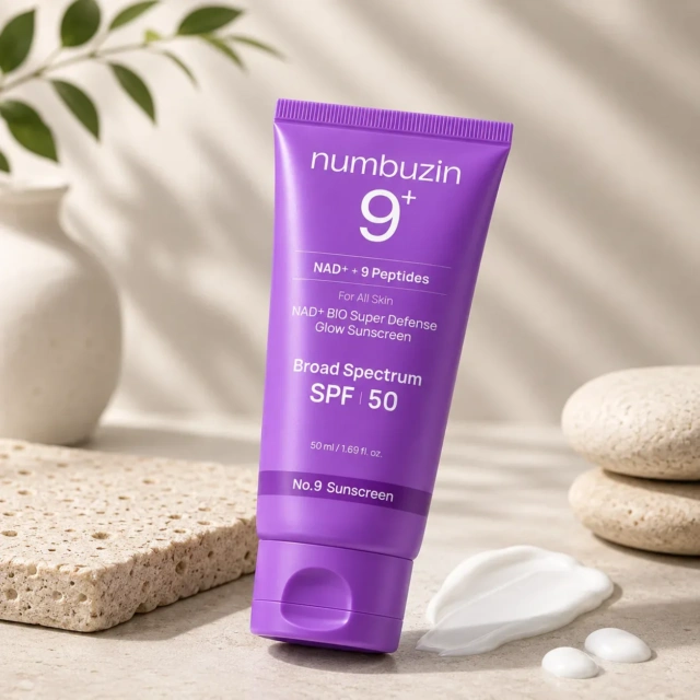 نمای بسته‌بندی و جزئیات ضد آفتاب درخشان نامبوزین شماره ۹ NAD+ SPF50+